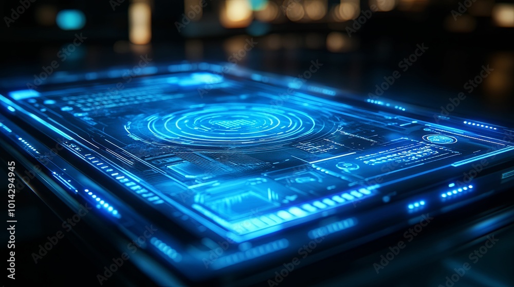 Futuristic Blue Interface Display with Glowing Lines and Circular Elements Futuristic Blue Interface Display with Glowing Lines and Circular Elements