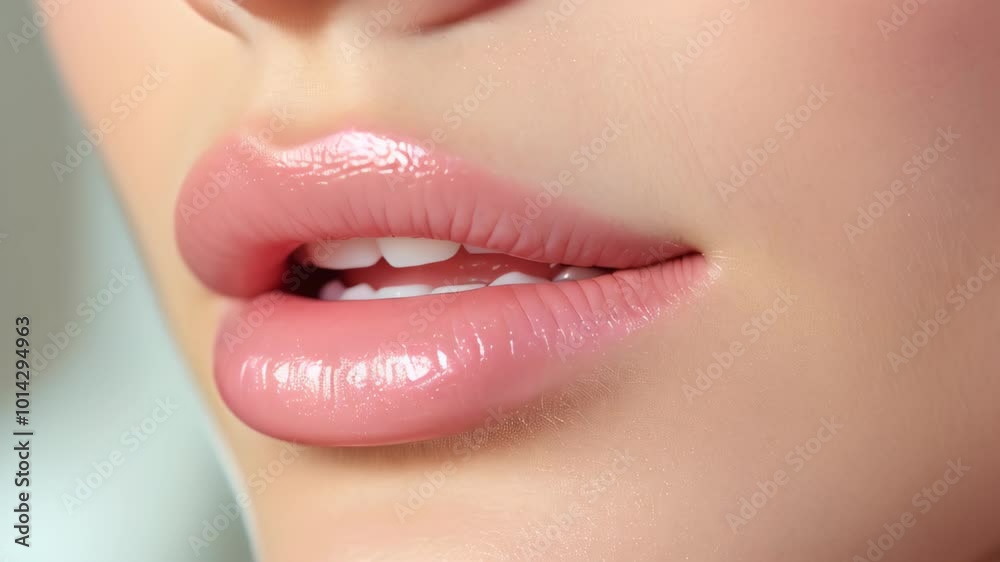 Close-up of soft, perfectly shaped lips with a subtle gloss on a sunny afternoon in a stylish indoor setting Close-up of soft, perfectly shaped lips with a subtle gloss on a sunny afternoon in a stylish indoor setting