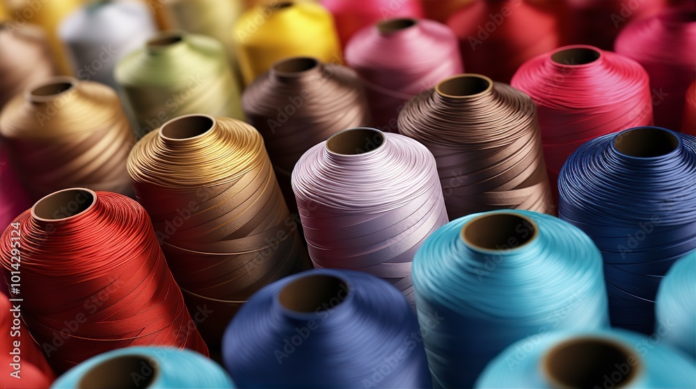 Colorful spools of thread arranged in a circular pattern, showcasing a vibrant design and diverse colors, celebrating the art of sewing and technology