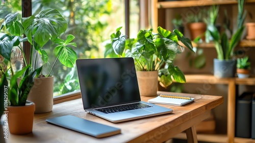 A cozy workspace featuring a laptop, notebook, and lush plants, perfect for enhancing productivity and creativity.