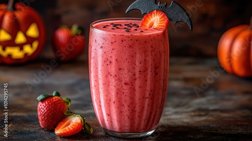 A vibrant Halloween-themed raspberry smoothie garnished with a bat decoration and fresh strawberries, perfect for festive celebrations photo