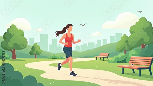 Woman Jogging in Urban Park: Healthy Lifestyle and Outdoor Exercise in City Green Space with Scenic Cityscape Background