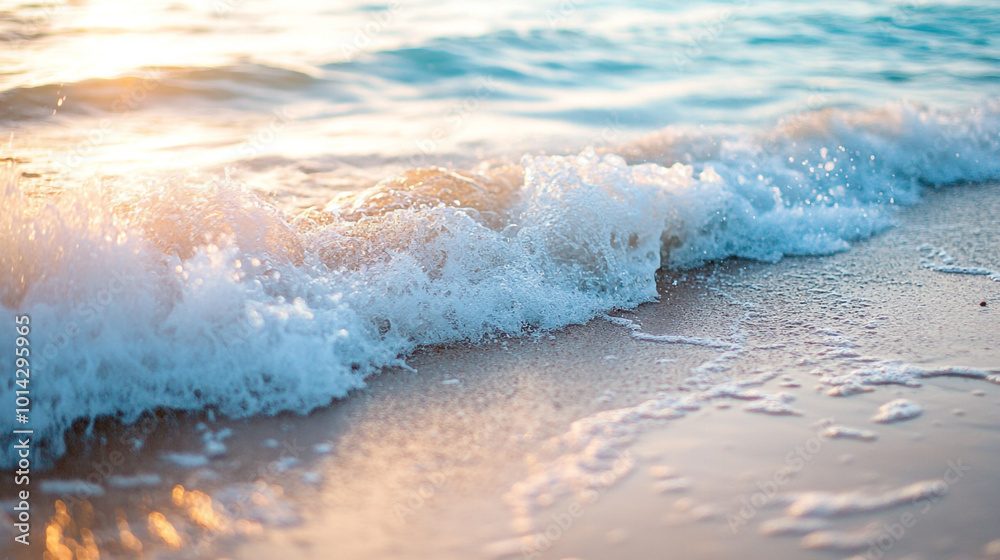 Gentle ocean waves lapping at the sandy shore during sunset on a tranquil beach Gentle ocean waves lapping at the sandy shore during sunset on a tranquil beach