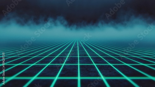 Futuristic Neon Grid Background with Fog and Depth of Field