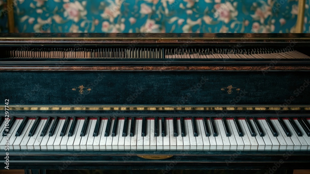 Antique Harpsichord Keys and Strings Close Up Antique Harpsichord Keys and Strings Close Up