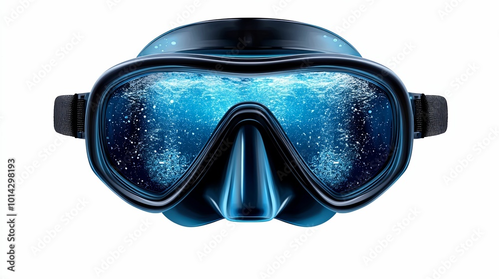 Black Diving Mask Reflecting Blue Water with Bubbles Black Diving Mask Reflecting Blue Water with Bubbles