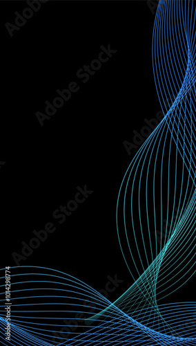 Abstract wavy dynamic blue green violet light lines curve banner on black background in concept technology, neural network, neurology, science, music, neon light photo