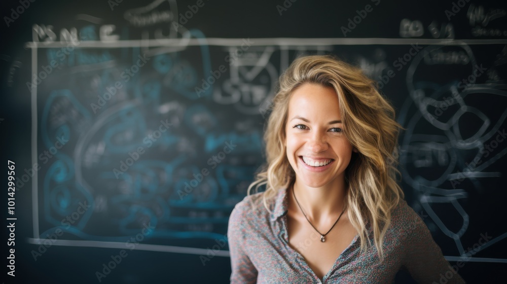 With a radiant smile, a confident woman stands in front of a chalkboard filled with dynamic ideas and symbols. With a radiant smile, a confident woman stands in front of a chalkboard filled with dynamic ideas and symbols.