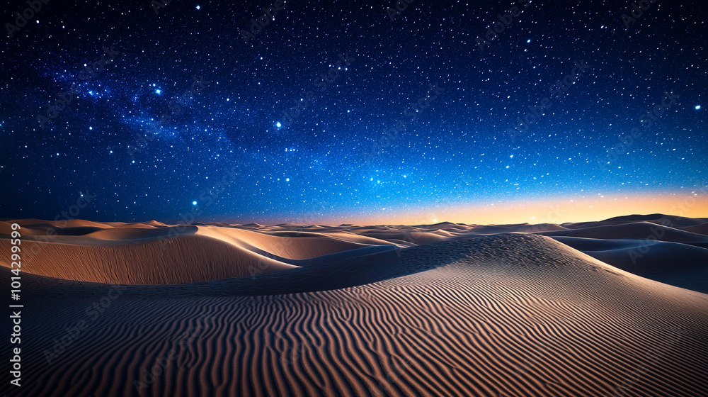 Naklejka premium Starlit desert landscape showcasing rolling dunes under a clear night sky