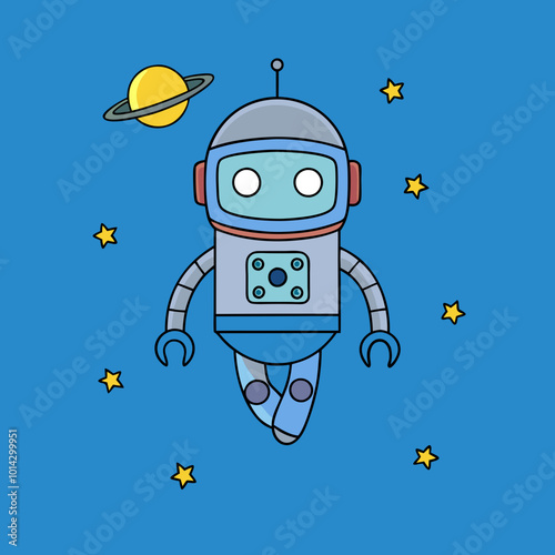 A cute little robot flying in space