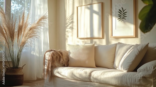 A Beige Sofa with Throw Pillows, a Plant in a Basket, and Framed Artwork in a Sunlit Room photo