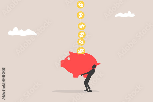 Piggy bank with many coins from sky. concept of investment, income, financial saving and earning.