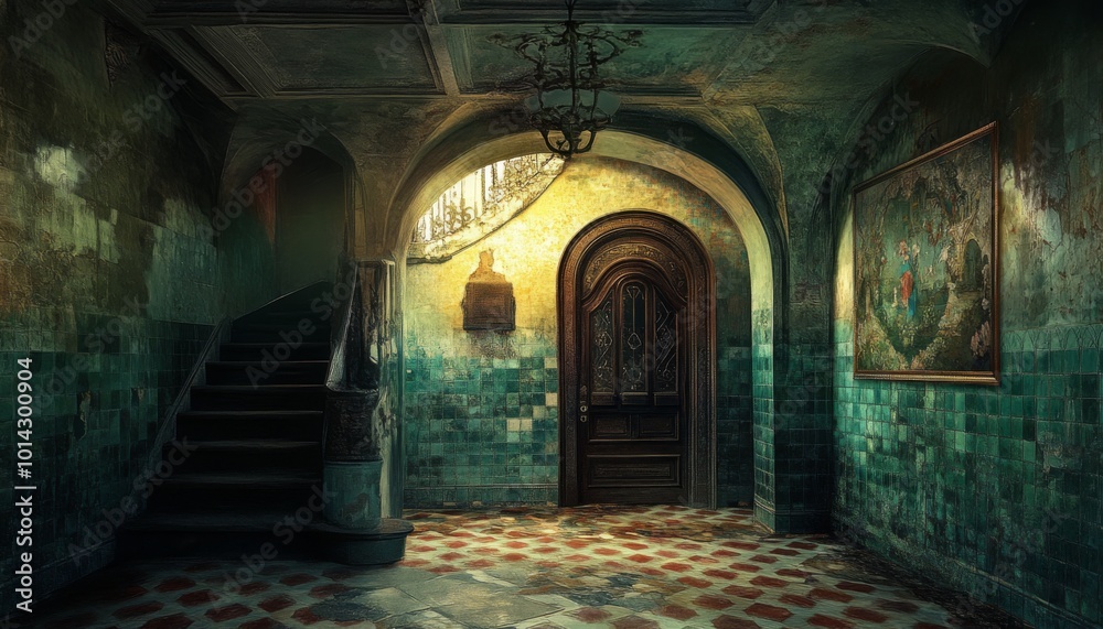 Fototapeta premium A vintage, abandoned hallway with peeling green walls, a wooden staircase, a wooden door with a stained glass window, and a framed picture on the wall.