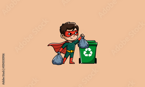 Superhero kid recycling trash with a green bin.