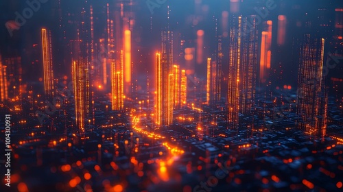 A Futuristic Cityscape with Glowing Towers and a Network of Lights