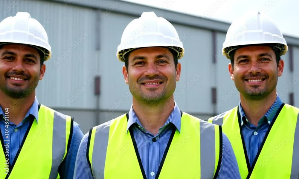 three company employees wearing white helmets and safety vests smiled while near a factory three company employees wearing white helmets and safety vests smiled while near a factory