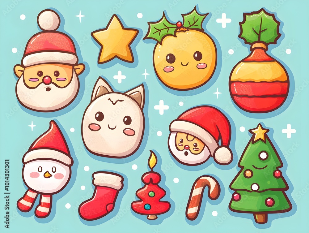Obraz premium Colorful, cute holiday-themed illustrations featuring Santa, a Christmas tree, ornaments, and other festive icons against a cheerful blue background.