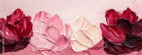 A textured artwork featuring colorful flowers in shades of pink, white, and burgundy against a soft, neutral background.