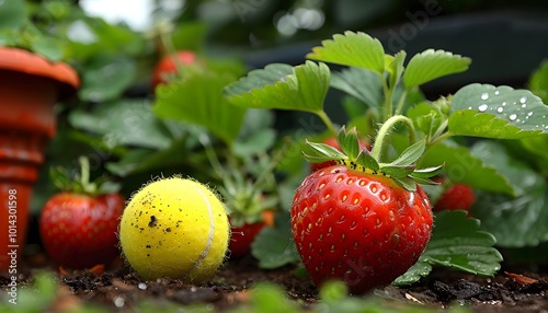 Summer Strawberries and Tennis Balls Seasonal Background photo