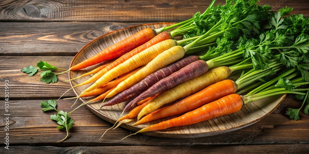 A vibrant display of colorful carrots on a wooden platter, showcasing the diversity of nature's palette.
