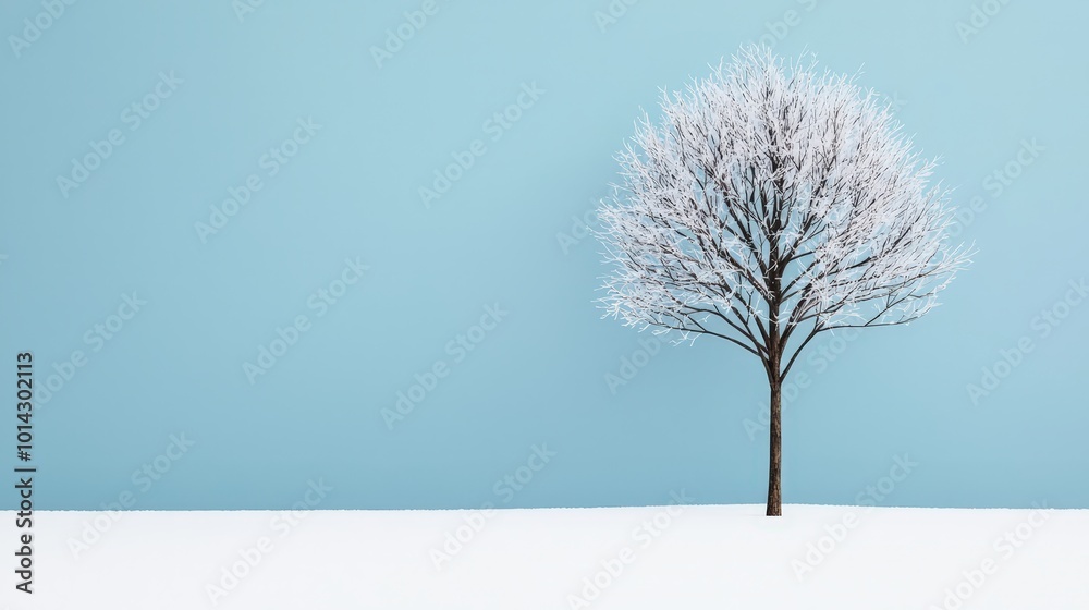Obraz premium Minimalist Winter Landscape with Snowy Tree and Blue Sky