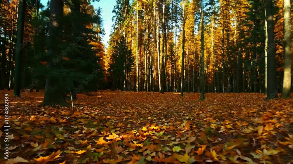 The forest floor is blanketed in a thick layer of fallen autumn leaves with tall trees reaching upward. The vibrant golden and orange tones create a vivid autumn scene under clear skies. The forest floor is blanketed in a thick layer of fallen autumn leaves with tall trees reaching upward. The vibrant golden and orange tones create a vivid autumn scene under clear skies.
