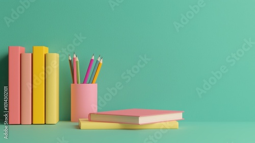 A vibrant arrangement of colorful books and stationery against a mint-green backdrop, creating a cheerful study atmosphere.