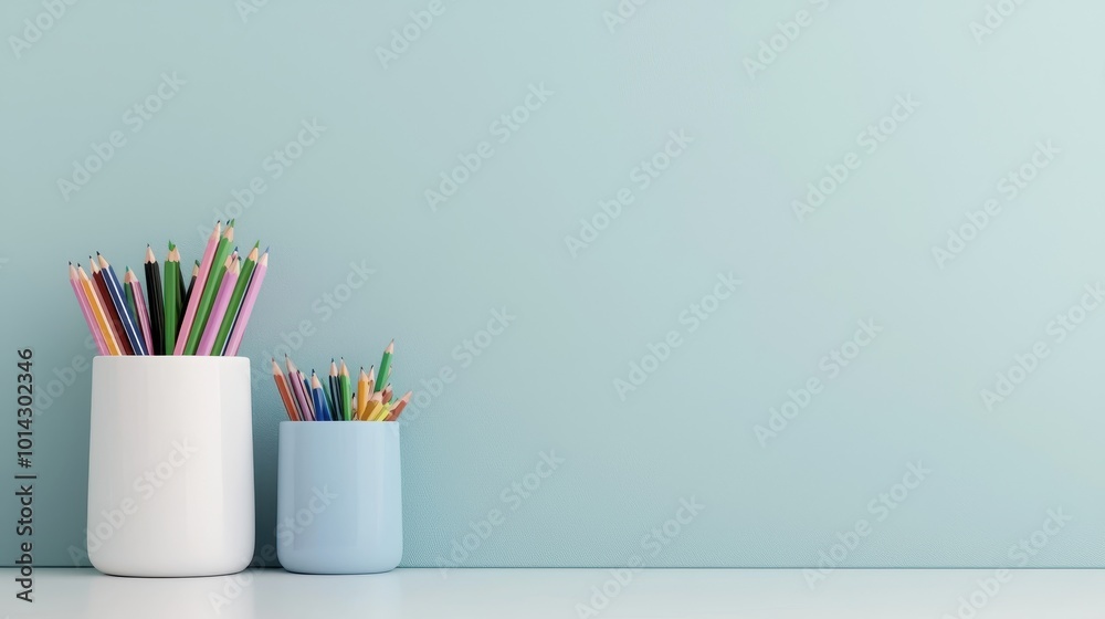 Colorful stationery in jars against a soft blue wall, creating a serene workspace ambiance. Colorful stationery in jars against a soft blue wall, creating a serene workspace ambiance.