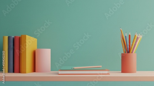 A minimalist workspace featuring colorful books, a decorative vase, and stationery against a soothing teal background.