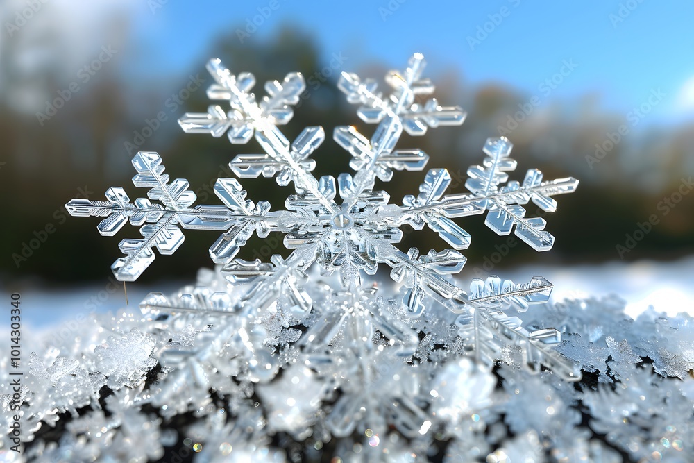 Close-up of snowflake on snow pile in nature.