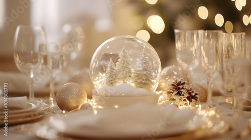 Wallpaper Mural Minimalist holiday setup with white gold decor and glowing snow globe centerpiece Torontodigital.ca