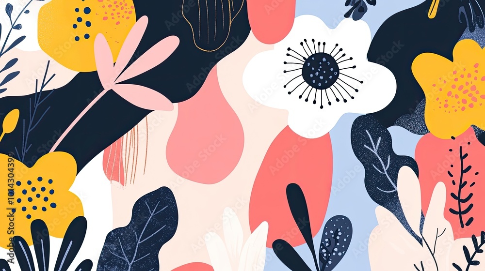 Naklejka premium Colorful Floral Illustration with Whimsical Flowers and Leaves