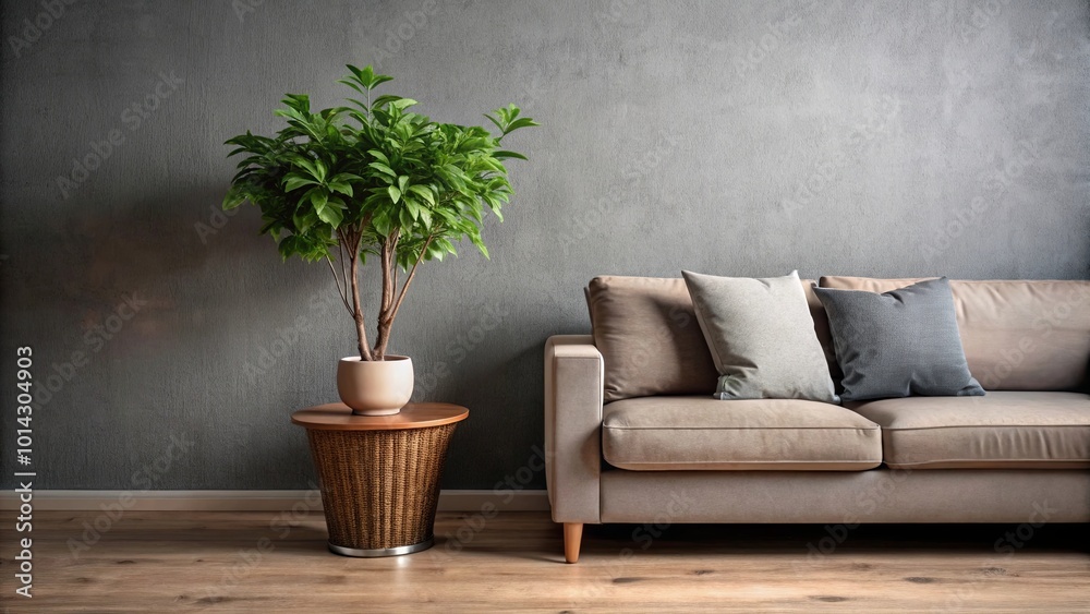 A Minimalist Living Room Featuring a Comfortable Couch, a Lush Green Plant, and a Wooden End Table A Minimalist Living Room Featuring a Comfortable Couch, a Lush Green Plant, and a Wooden End Table