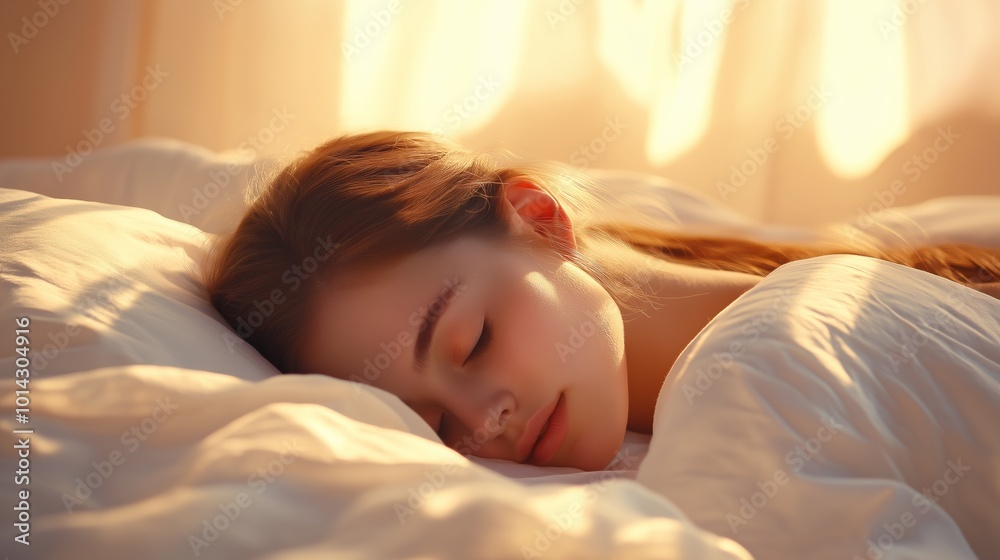 A young woman peacefully sleeping in a sunlit bedroom with soft bedding, enjoying a quiet morning moment in a cozy environment. A young woman peacefully sleeping in a sunlit bedroom with soft bedding, enjoying a quiet morning moment in a cozy environment.