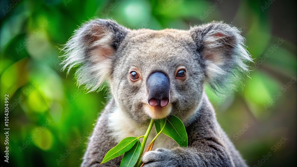 A soft-furred koala with soulful eyes gazes intently as it delicately nibbles on a leafy branch, a moment captured in vibrant hues of green against a blurred background. A soft-furred koala with soulful eyes gazes intently as it delicately nibbles on a leafy branch, a moment captured in vibrant hues of green against a blurred background.