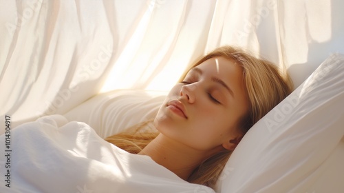 A peaceful young woman sleeping in a sunlit room, surrounded by soft white bedding and gently flowing curtains during the daytime.