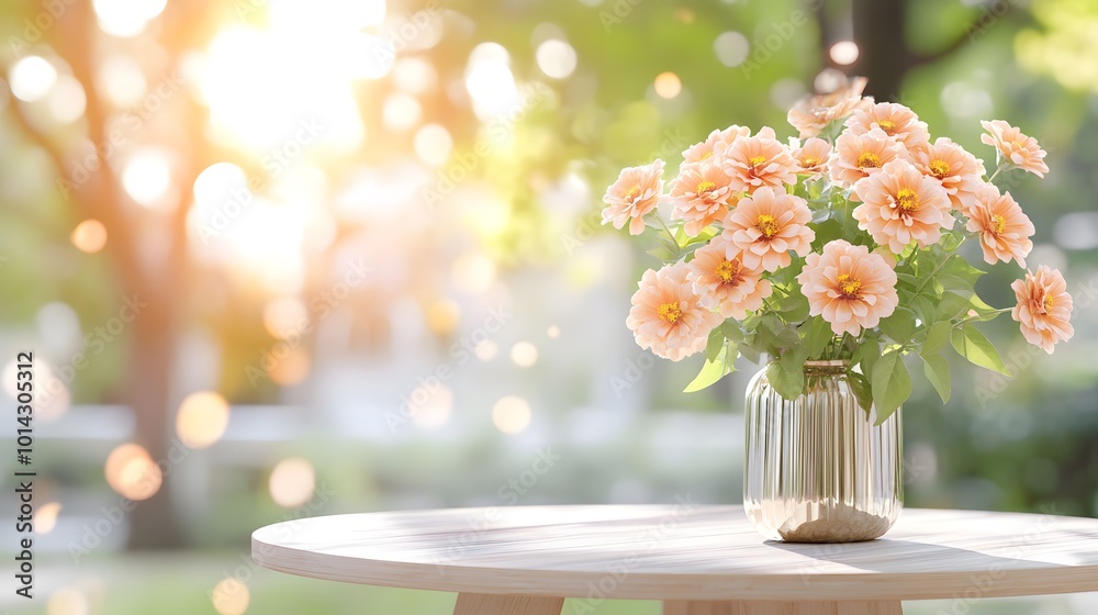 A bouquet of soft pink flowers in a clear vase sits on a wooden table, surrounded by a bright, sunlit garden, creating a serene atmosphere. A bouquet of soft pink flowers in a clear vase sits on a wooden table, surrounded by a bright, sunlit garden, creating a serene atmosphere.