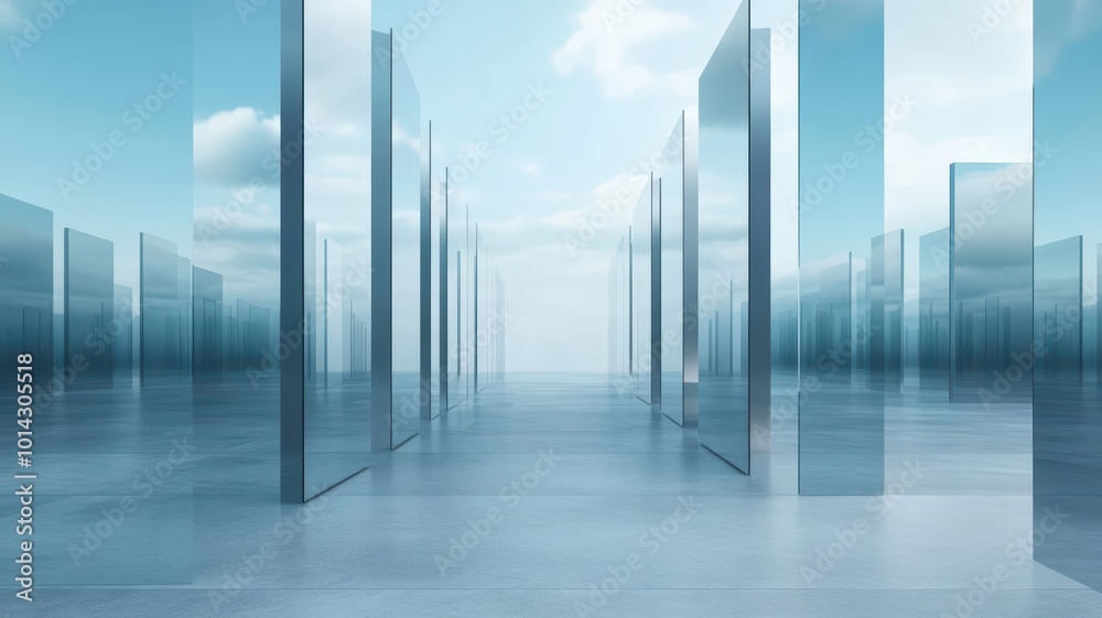 A serene landscape of reflective glass structures under a bright sky, creating a tranquil and modern atmosphere. A serene landscape of reflective glass structures under a bright sky, creating a tranquil and modern atmosphere.