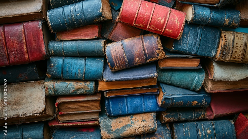 A Stack of Old, Worn Books with Various Colors and Textures A Stack of Old, Worn Books with Various Colors and Textures