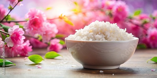 A Porcelain Bowl Overflowing with Steamed Rice, Set Against a Background of Delicate Pink Blossoms and Sunlit Wood