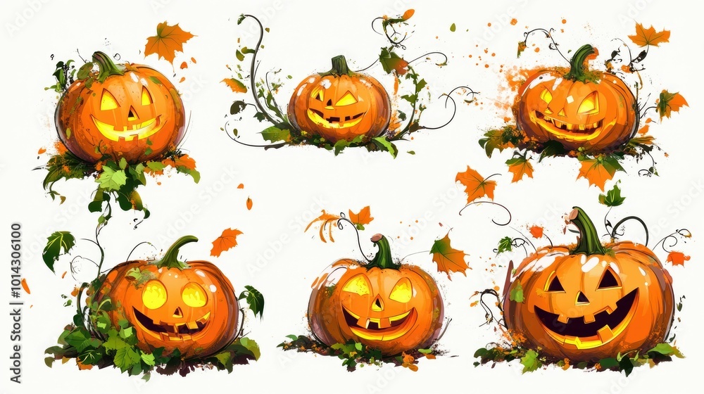 Six cartoon jack-o'-lanterns with different facial expressions, surrounded by leaves and vines.