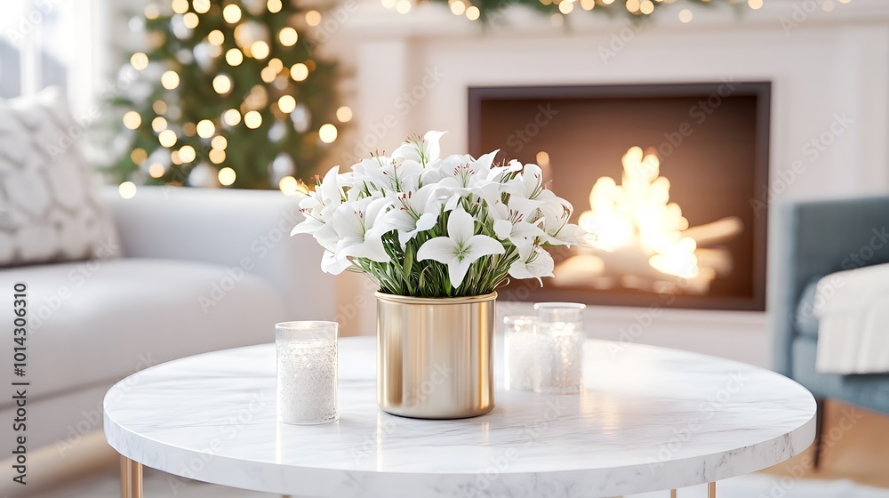 A cozy living room scene featuring a marble coffee table, white flowers in a gold pot, candles, and a fireplace with a decorated Christmas tree in the background. A cozy living room scene featuring a marble coffee table, white flowers in a gold pot, candles, and a fireplace with a decorated Christmas tree in the background.