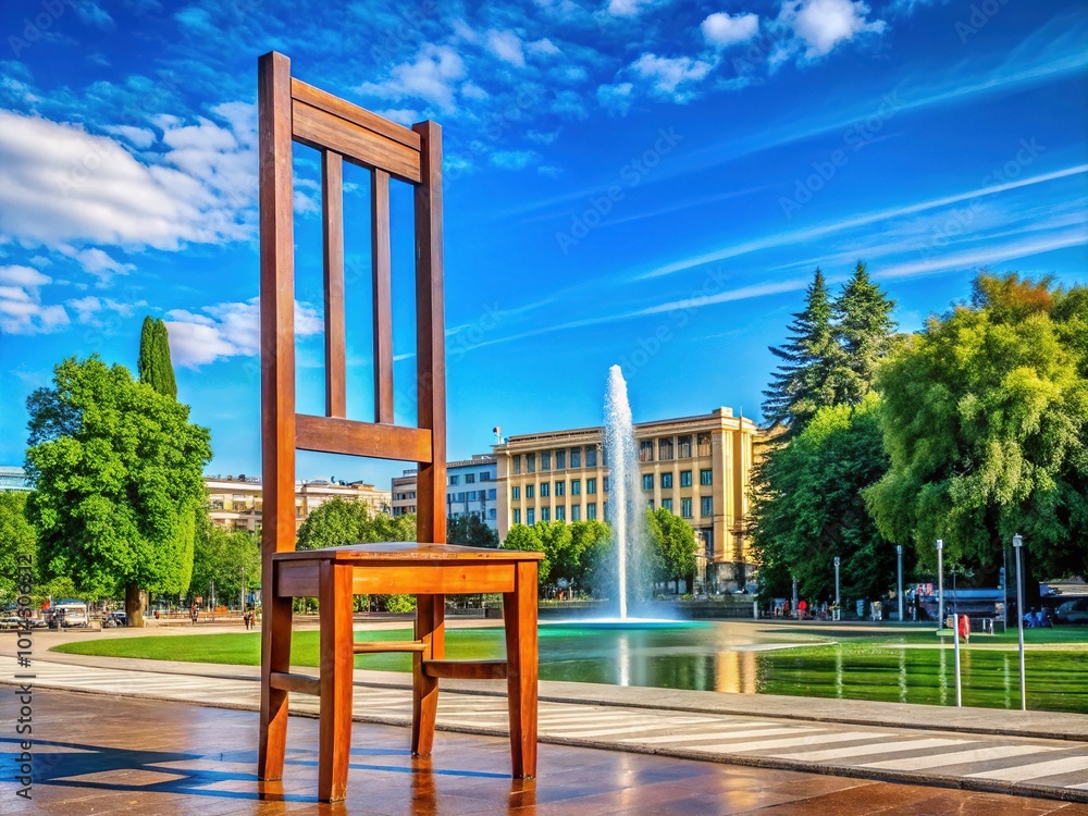 Panoramic View of the Broken Chair Sculpture at Place des Nations in Geneva, Symbolizing Peace and Human Rights Panoramic View of the Broken Chair Sculpture at Place des Nations in Geneva, Symbolizing Peace and Human Rights