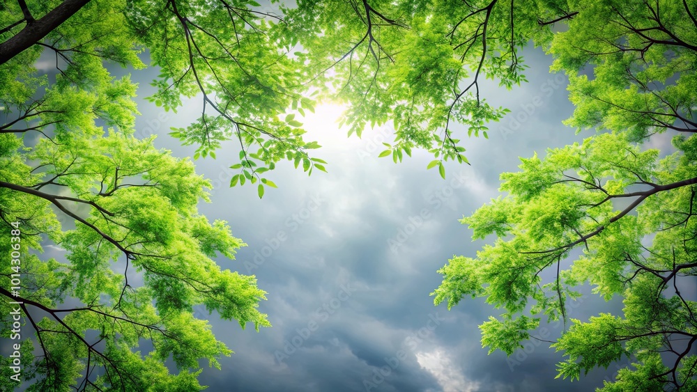A vibrant canopy of fresh green leaves against a cloudy sky, framing a sunlit opening A vibrant canopy of fresh green leaves against a cloudy sky, framing a sunlit opening