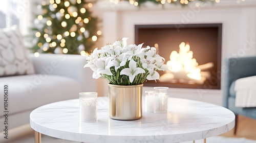 A cozy living room scene featuring a marble coffee table, white flowers in a gold pot, candles, and a fireplace with a decorated Christmas tree in the background.