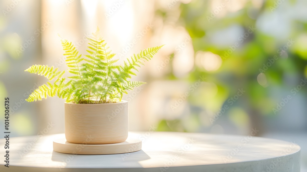 A vibrant green fern in a simple pot, beautifully lit, sits on a table against a blurred background of nature. A vibrant green fern in a simple pot, beautifully lit, sits on a table against a blurred background of nature.
