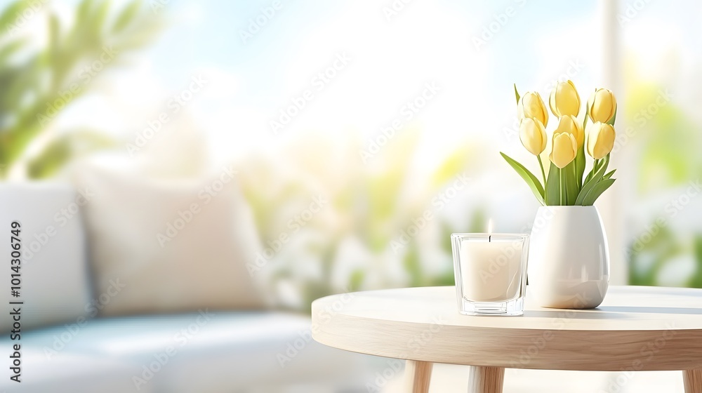 A bright and serene indoor scene featuring a vase of yellow tulips on a wooden table, accompanied by a candle, creating a peaceful ambiance. A bright and serene indoor scene featuring a vase of yellow tulips on a wooden table, accompanied by a candle, creating a peaceful ambiance.