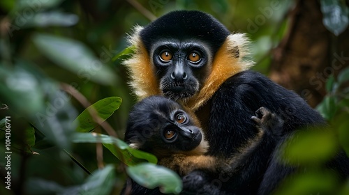 Yellow-Cheeked Gibbon Monkey Posing Against a Blurred Natural Background for Wildlife and Conservation Themes