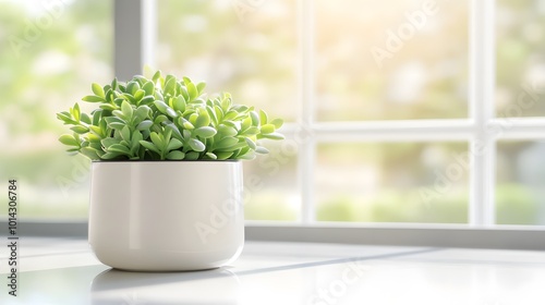 A vibrant succulent plant in a white pot, elegantly placed on a bright surface with sunlight streaming through a window, creating a serene atmosphere.