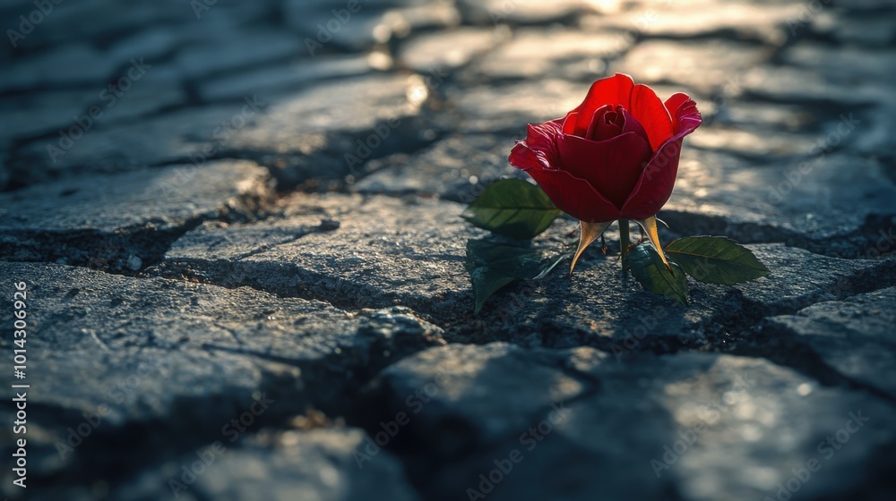 Vivid red rose blossoming through cracks in concrete, a symbol of strength and beauty, urban sidewalk in midday sunlight, close-up of delicate petals amidst harsh surroundings Vivid red rose blossoming through cracks in concrete, a symbol of strength and beauty, urban sidewalk in midday sunlight, close-up of delicate petals amidst harsh surroundings